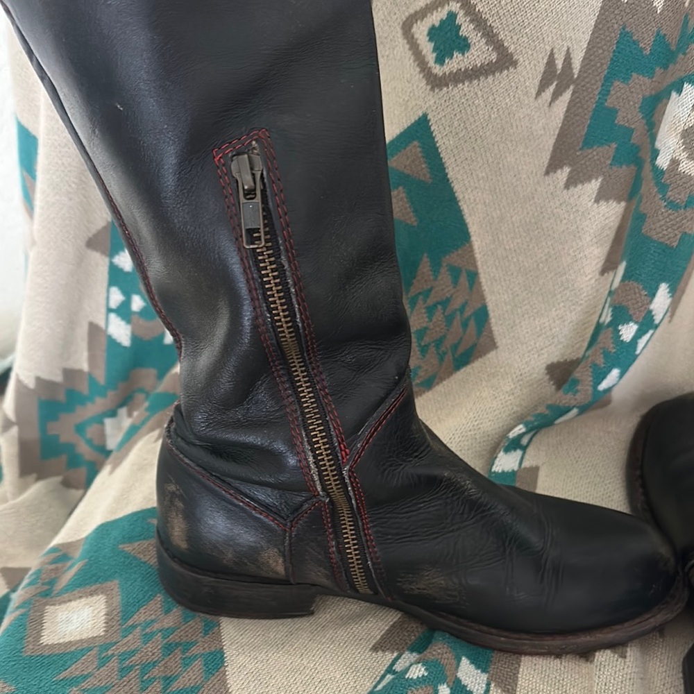 Black Leather Over the Knee Boots with Rounded Toe and Low Heel - Picture 5 of 7